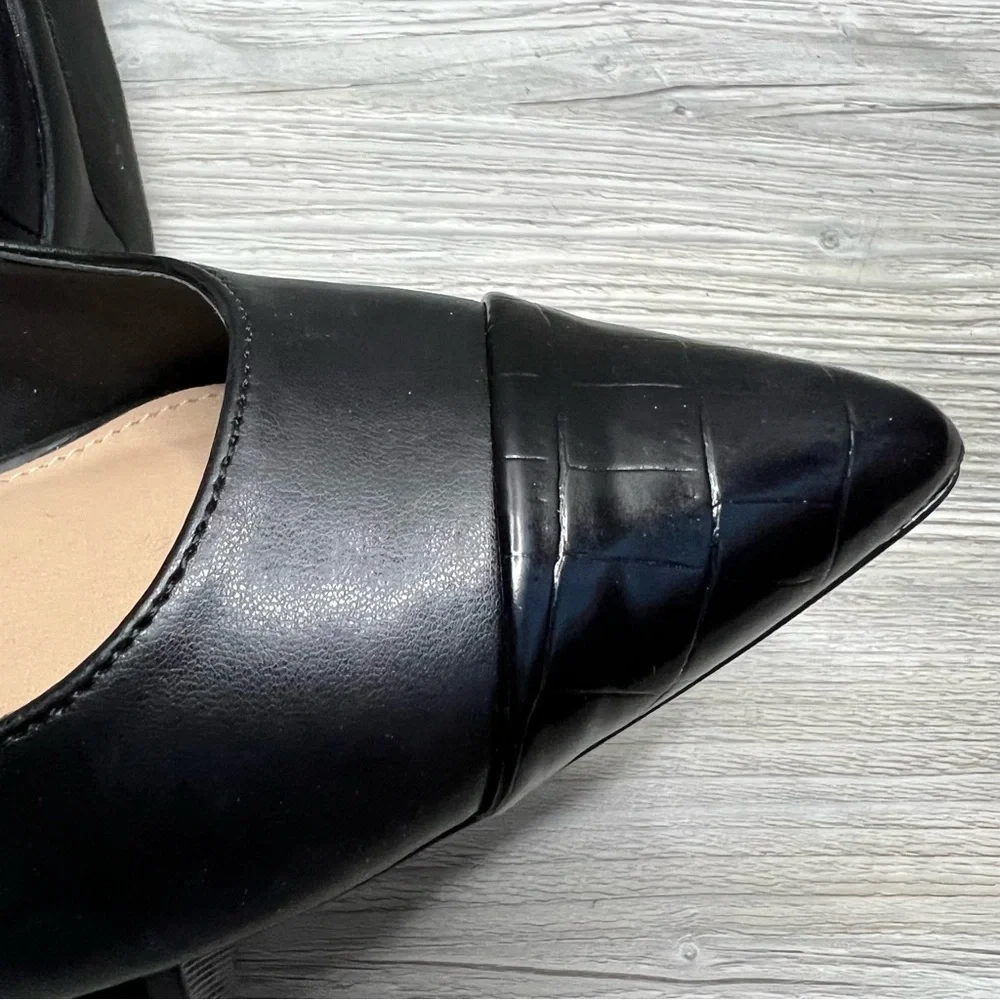 NWT Woman’s Bar lll Tenleyp sling back matte black pointed croc block heels 8.5